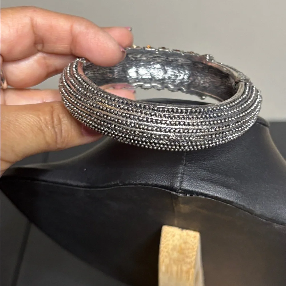 Silver Tone Citrine Garnet CZ Hinged Cuff Chunky Elegant Bracelet